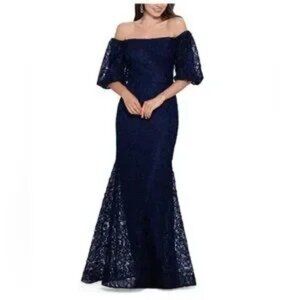 EXSCAPE SIZE 16 AND HEMMED, NAVY BLUE LACE OFF THE SHOULDER GOWN